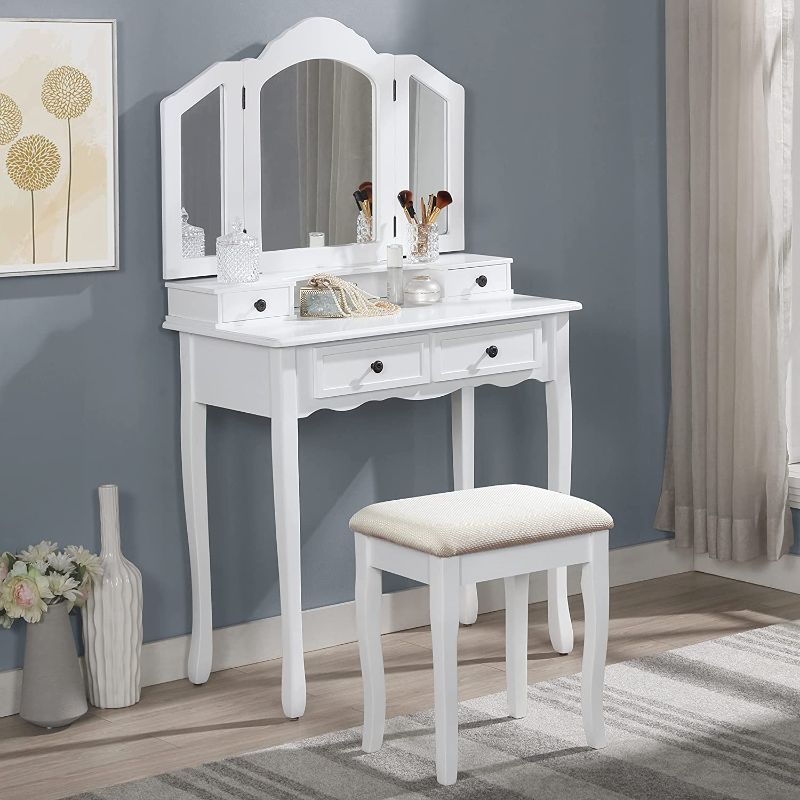 Photo 1 of **DAMAGED**
Roundhill Furniture Sanlo Wooden Vanity | Make Up Table and Stool Set | White
