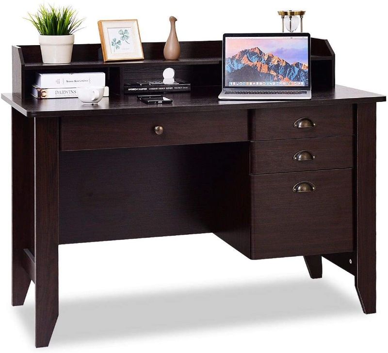 Photo 1 of Computer Desk with 3 Storage Drawers & Hutch, Home Office Desk Vintage Desk with Storage Shelves, Wooden Executive Desk Writing Study Desk (Brown)