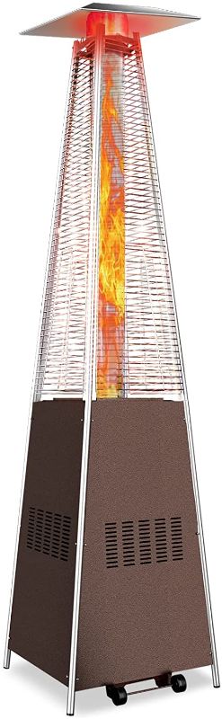 Photo 1 of  Pyramid Propane Patio Heater Portable Outdoor Heated Tower, 48000 BTU Quartz Glass Tube Tower, Quick Pulse Ignition Weatherproof Beautiful Tall Flame for Patio Lawn & Garden, Hammered Bronze