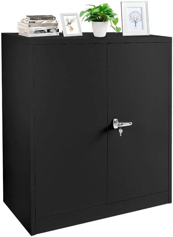 Photo 1 of Grey Metal Storage Cabinet with Locking Doors, Lockable Steel Storage Cabinet with 2 Doors and Shelves, Black Metal Cabinet with Lock, Small Steel Cabinet for Office, Garage, Home,