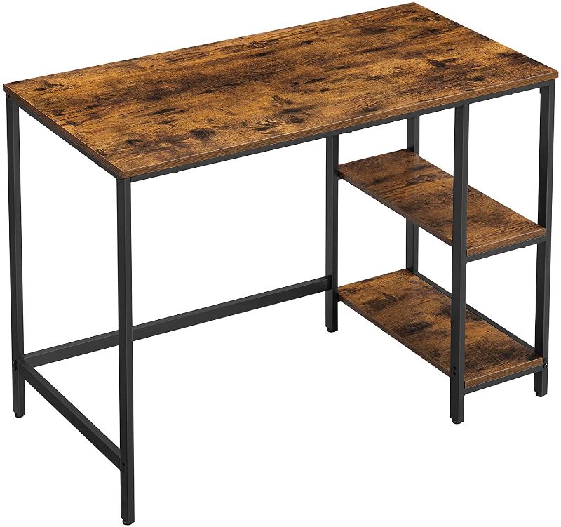 Photo 1 of Computer Desk, 39.4-Inch Long Home Office Desk for Study, Writing Desk with 2 Shelves on Left or Right, Steel Frame, Industrial light brown