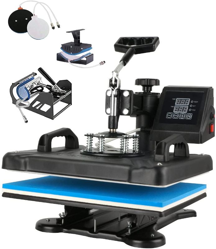 Photo 1 of  Heat Press Machine, 15" x 12" 5 in 1 Tshirt Printing Press Machine, Combo Mug, T Shirt, Hat, Plate Press, Multifunctional Function Digital Sublimation Heat Machine with 360-Degree Swing Away