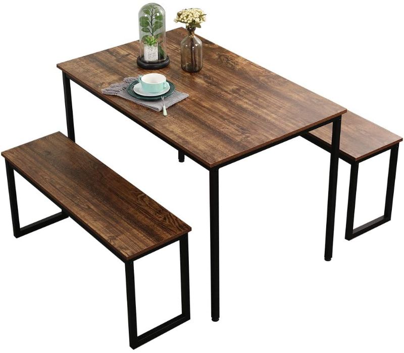 Photo 1 of  Kitchen Table Set with 2 Benches, Bench Dining Table Set for 4, 3 Piece Dining Room Table and Long Benches, Breakfast Table Coffee Table Set, Industrial Style Wooden Kitchen and Dining Room Set