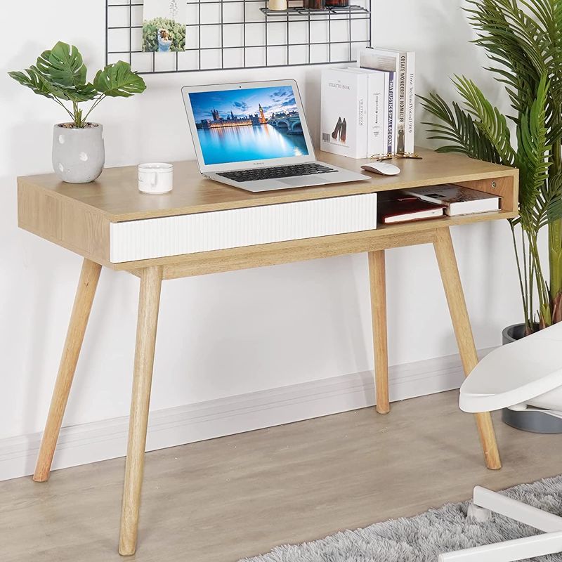 Photo 1 of Writing Desk with Drawer Mid Century Modern Desk, Small Wood Home Office Desk Simple Computer Desk for Small Space Oak, by Artswish