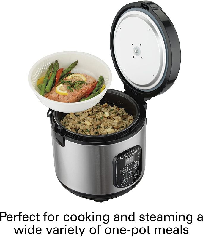 Photo 1 of Hamilton Beach Digital Programmable Rice Cooker & Food Steamer, 8 Cups Cooked (4 Uncooked), With Steam & Rinse Basket, Stainless Steel