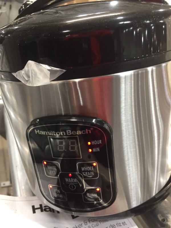 Photo 1 of Hamilton Beach Digital Programmable Rice Cooker & Food Steamer, 8 Cups Cooked (4 Uncooked), With Steam & Rinse Basket, Stainless Steel