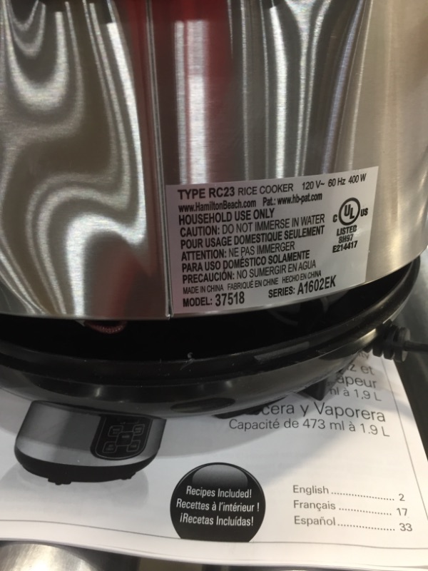 Photo 1 of Hamilton Beach Digital Programmable Rice Cooker & Food Steamer, 8 Cups Cooked (4 Uncooked), With Steam & Rinse Basket, Stainless Steel