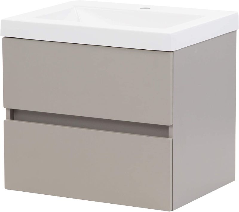 Photo 1 of *SEE last pictures for damage* 
*MISSING sink top* 
*NO MOUNTING SOFTWARE INCLUDED*
Spring Mill Cabinets Innes 24.5” 2-Drawer Modern Floating Bathroom Vanity in Light Gray With Integrated White Sink Top, 24.5 in. x 18.75 in.
