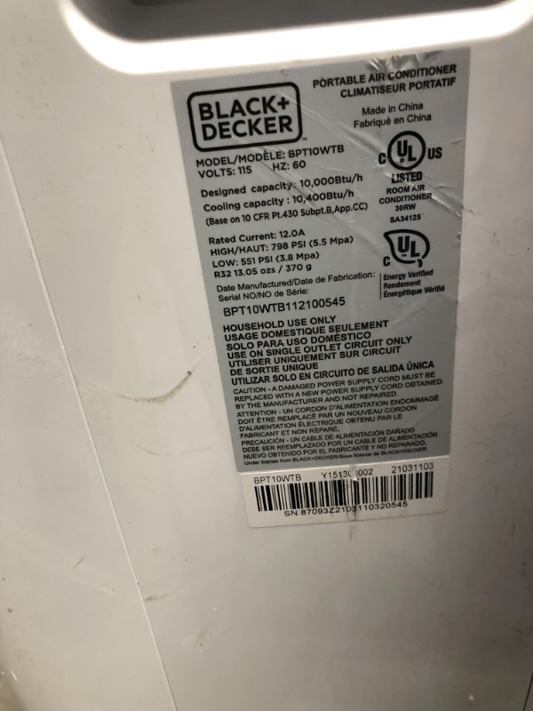 Photo 5 of *USED*
*MISSING all components/ accessory pieces and wheels* 
BLACK+DECKER BPT10WTB Portable Air Conditioner with Remote Control, 10,000 BTU SACC/CEC (14,000 BTU ASHRAE), Cools Up to 450 Square Feet, White
