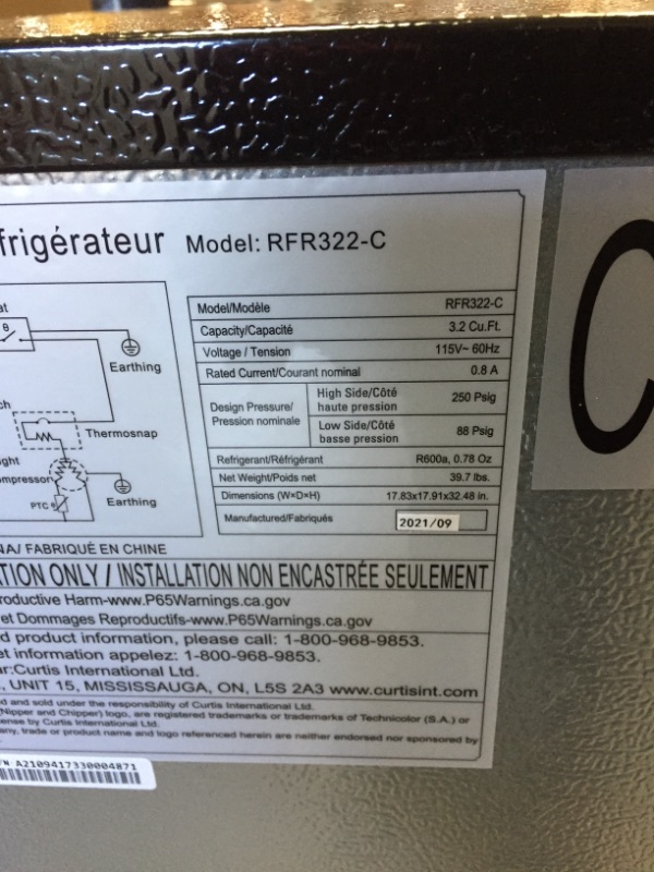 Photo 5 of *SEE last pictures for damage* 
RCA 3.2 Cu. Ft. Single Door Mini Fridge with Freezer RFR322, Platinum