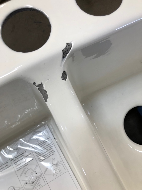 Photo 4 of *chipped paint, SEE last pictures for damage* 
KOHLER K-5846-5U-0 Brookfield Under-Mount Double-Equal Bowl Kitchen Sink with 5 Oversized Faucet Holes, White
