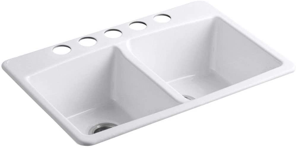 Photo 1 of *chipped paint, SEE last pictures for damage* 
KOHLER K-5846-5U-0 Brookfield Under-Mount Double-Equal Bowl Kitchen Sink with 5 Oversized Faucet Holes, White
