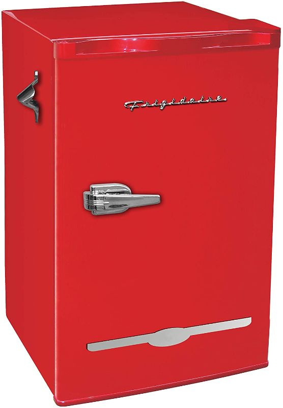 Photo 1 of *SEE last pictures for damage* 
*light inside needs to be repleced* 
Frigidaire Retro Bar Fridge Refrigerator with Side Bottle Opener, 3.2 cu. ft, Red
