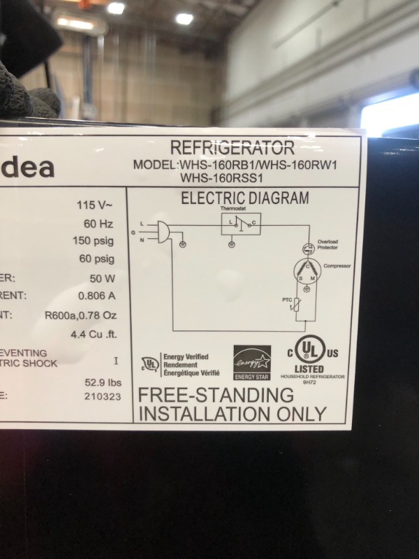 Photo 5 of *light is out, needs to be replaced* 
Midea WHS-160RSS1 Single Reversible Compact Refrigerator, 4.4 Cubic Feet, Stainless Steel
