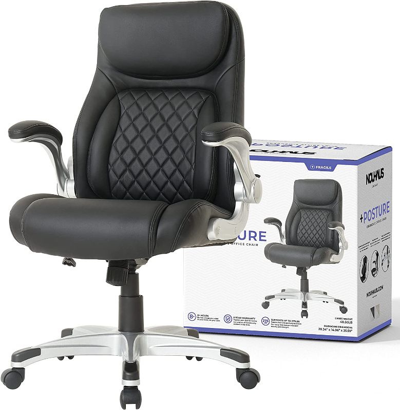 Photo 1 of NOUHAUS +Posture Ergonomic PU Leather Office Chair. Click5 Lumbar Support with FlipAdjust Armrests. Modern Executive Chair and Computer Desk Chair (Black)
