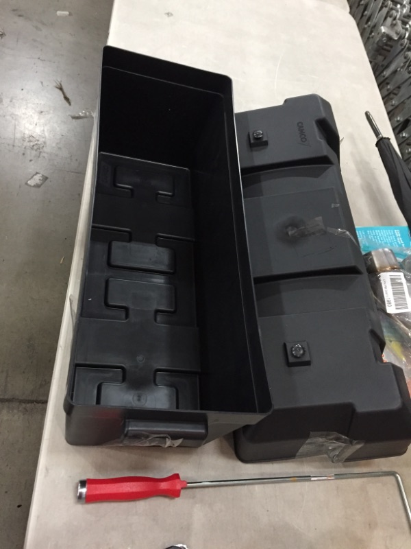 Photo 2 of **USED, MISSING STRAPS AND HARDWARE**Camco Heavy-Duty Double Battery Box with Straps and Hardware| Safely Holds (2) 6V Group GC2 Batteries or (2) 12V Group 24:24M Batteries | Constructed of Durable, Anti-Corrosion Material (55375)
