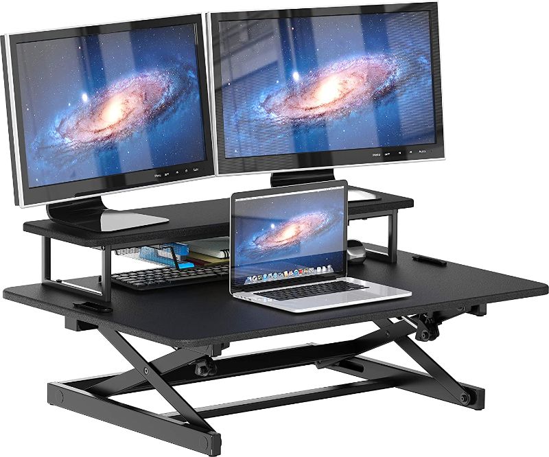 Photo 1 of USED (MINOR DAMAGE) SHW 36-Inch Height Adjustable Standing Desk Sit to Stand Riser Converter Workstation, Black
