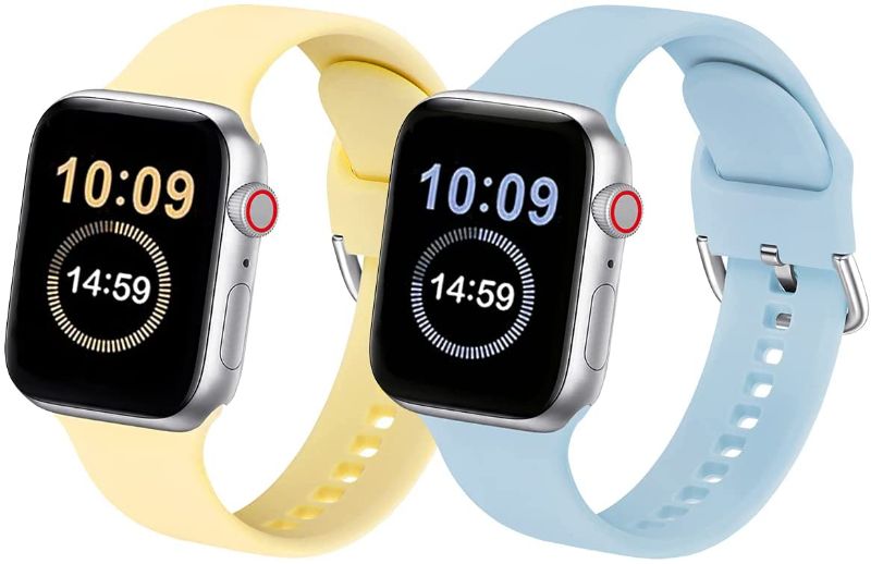 Photo 1 of SET OF 2 eCamframe Sport Bands Compatible with Apple Watch Band 42mm 44mm 45mm, 2 Pack Waterproof Silicone Replacement iWatch bands Men Women Compatible with Series 7 6 5 4 3 2 1 & SE (MilkYellow+LihgtBlue)
