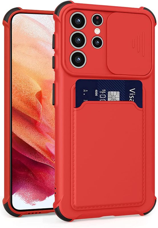 Photo 1 of SET OF 3 Compatible for Samsung Galaxy S21 Ultra Camshield Case with Card Holder [Camera Lens Protector] [Military-Grade Drop Protection] [Shock-Absorbing Corners] 360 Full Body Protective Wallet Case, Red
