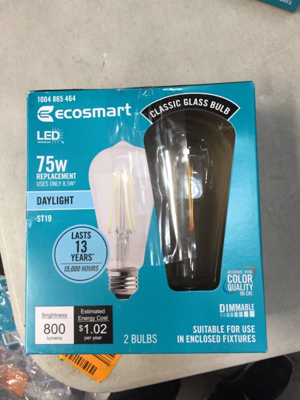 Photo 1 of SET OF 2 EcoSmart 75-Watt Equivalent ST19 Antique Edison Dimmable Clear Glass Filament Vintage Style LED Light Bulb Daylight (2-Pack)
