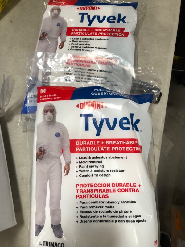 Photo 2 of SET OF 3 TRIMACO DuPont Tyvek Medium Painters Coverall with Hood and Boots, White
