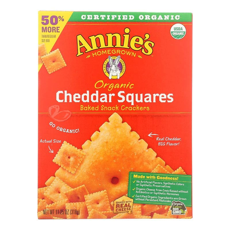 Photo 1 of 6 BOXES: ANNIE'S HOMEGROWN, Organic Cracker Squares, Chaddar, Pack of 6, Size 11.25 OZ - No Artificial Ingredients 95%+ Organic
Best by: 03/16/22