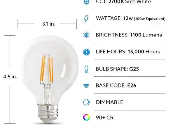 Photo 1 of Feit Electric
100-Watt Equivalent G25 E26 Dimmable Filament CEC 90 CRI Clear Glass LED Light Bulb, Soft White 2700K (3-Pack)