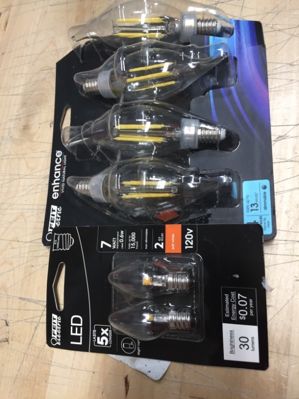 Photo 2 of Feit Electric
7-Watt Equivalent C7 2700K Clear LED E12 Night Light Bulb (2-Pack) and 
40-Watt Equivalent CA10 Candelabra Dimmable Filament CEC Clear Chandelier E12 LED Light Bulb, Daylight 5000K (4-Pack)