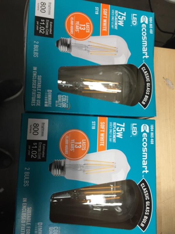 Photo 2 of EcoSmart
75-Watt Equivalent ST19 Antique Edison Dimmable CEC Clear Glass Filament Vintage LED Light Bulb Soft White 2(2-Pack)