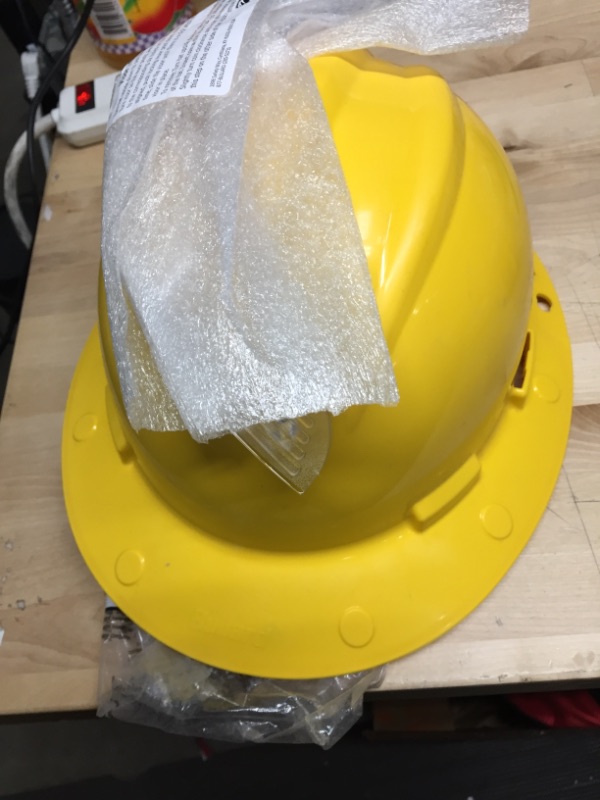 Photo 3 of Yellow Full Brim Above View Hard Hat with Clear Brim Visor 4-Point Ratchet Suspension System and Cotton Brow Pad