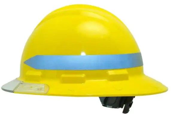 Photo 1 of Yellow Full Brim Above View Hard Hat with Clear Brim Visor 4-Point Ratchet Suspension System and Cotton Brow Pad