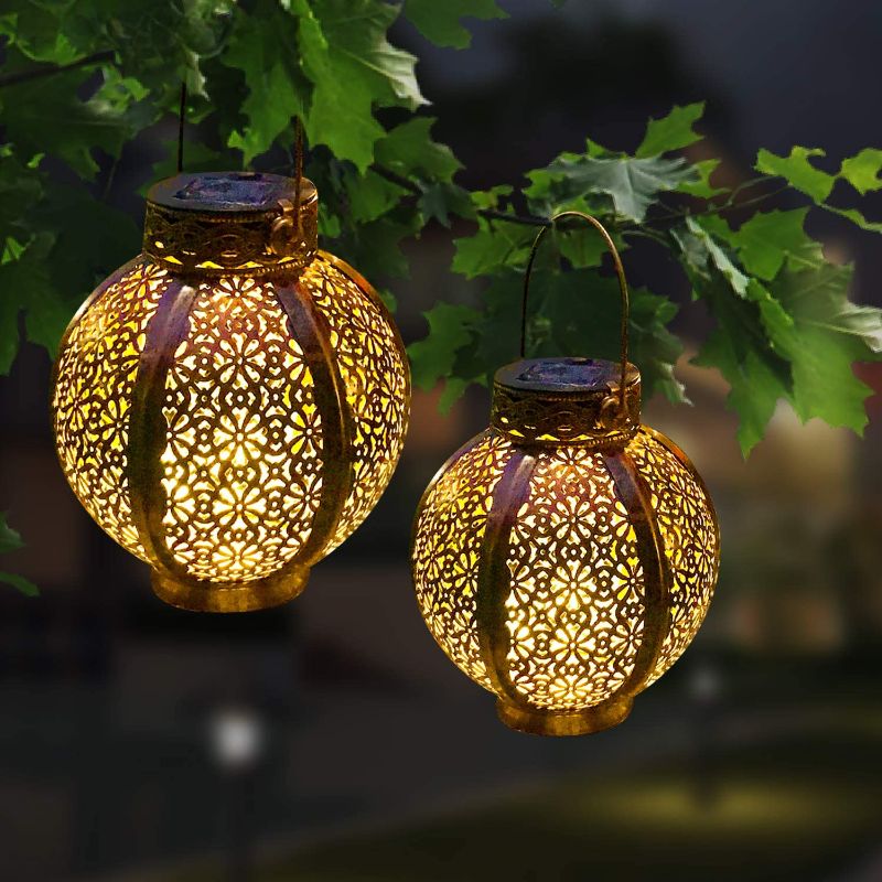 Photo 1 of 2022 New Solar Lanterns Outdoor Waterproof, Hanging Solar Lights Retro Metal LED Decorative Light with Handle, Solar Lanterns Outdoor for Garden Patio Lawn and Tabletop (2 Pack), Bronze ,MIAGI
