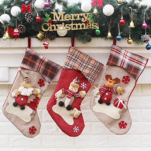 Photo 1 of 2 BAGS, Leipple Christmas Stockings Set of 3 -Large 18'' Hanging Stockings for Fireplace,Xmas Tree,Seasonal Decor -Sock Gift Bag Candy Pouch Bag with Buffalo Plaid,Santa, Snowman, Reindeer
