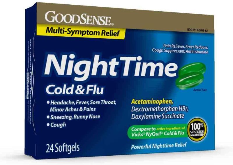 Photo 1 of (04 2022) GoodSense Nighttime Cold & Flu Softgels, Relieves Aches and Pains Related to Cold & Flu, 24 Count (Pack of 3)
