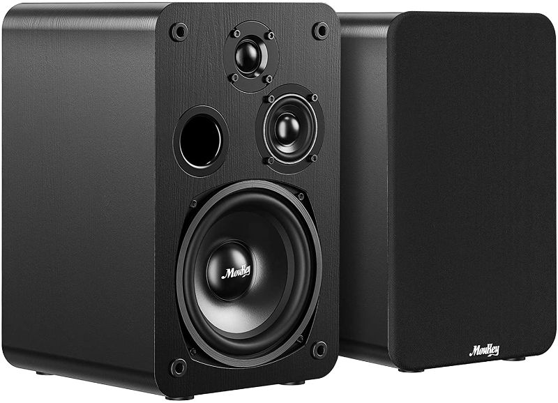 Photo 1 of Moukey Passive Bookshelf Speakers (Pair), Peak power 110 Watt 3-way Home Theater Bookshelf Speakers - 2.0 Near Field Studio Premium Sound at a Great Value - Wooden Enclosure Wall-Mountable,Black,M20-3
