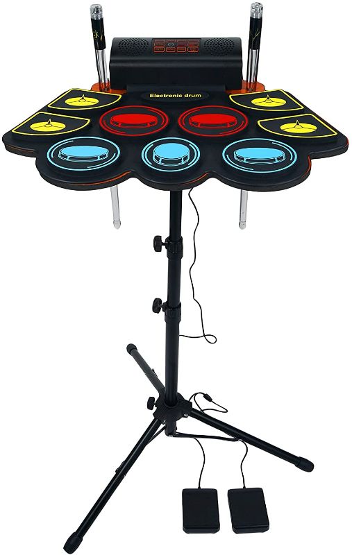 Photo 1 of (9 Pads) Electronic Drum Set with Light Up Drumsticks and Stand, Electronic Drum Pad with 5 Different Drum Kit, 10 Unique Rhythms, Bulit-in Double Speakers, Roll Up Drum Kit, Kids Drum Set
