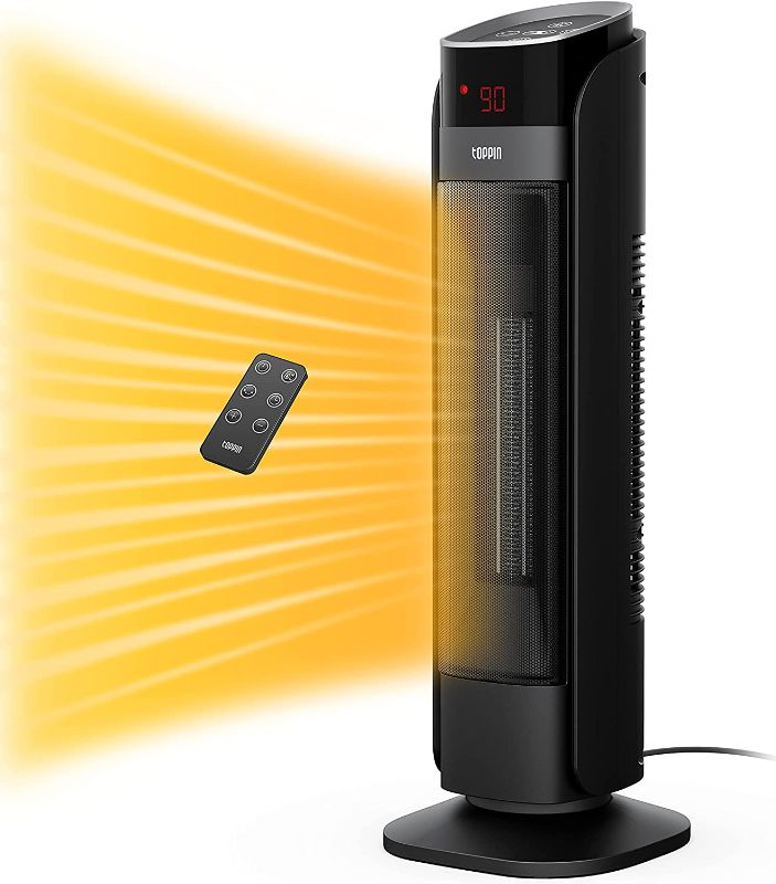 Photo 1 of TOPPIN Ceramic Tower Space Heater - 1500W Electric Space Heater with Remote Control, Oscillation, Timer and Thermostat, Triple Safety Protection, Portable Space Heater for Office, Home, Large Room