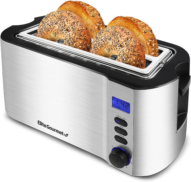 Photo 1 of Elite Gourmet ECT4400B Long Slot Toaster, Countdown Timer, Bagel Defrost, Cancel Functions, 6 Toast Settings, Slide Out Crumb Tray, Extra Wide Slots for Waffles, 4 Slice, Stainless Steel
