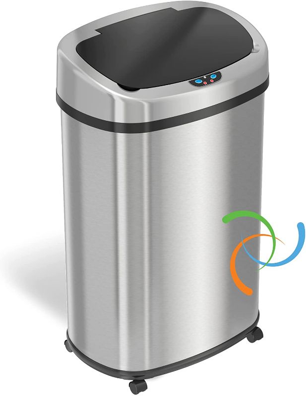 Photo 1 of SensorCan 13 Gallon Sensor Trash Can Odor Control System, Oval Shape Automatic Kitchen and Office Garbage Bin (Powered by Battery or Optional AC Adapter), Black/Stainless Steel with Wheels
