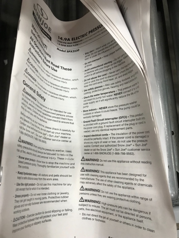 Photo 3 of ***PARTS ONLY**DOES NOT TURN ON AND IS MISSING SOME NOZZLE HEADS*** Sun Joe SPX3500 2300-PSI 1.48 GPM Brushless Electric Pressure Washer, with Brass Hose Connector
