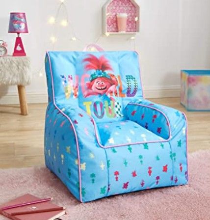 Photo 1 of ***DAMAGE IN FRONT OF CHAIR/ CUT OPEN SLIGHTLY**SEE PICS**** DreamWorks Trolls World Tour Kids Nylon Bean Bag Chair with Piping & Top Carry Handle
