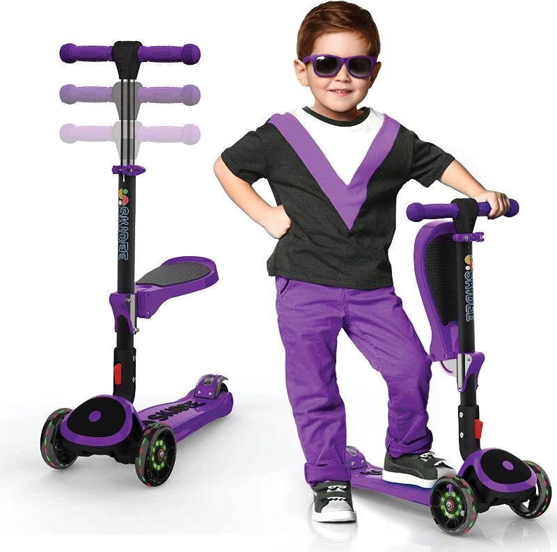 Photo 1 of Kick Scooters for Kids Ages 3-5 Adjustable Height Foldable Scooter Removable Seat, 3 LED Light Wheels, Rear Brake, Wide Standing Board, Outdoor Activities for Boys/Girls
