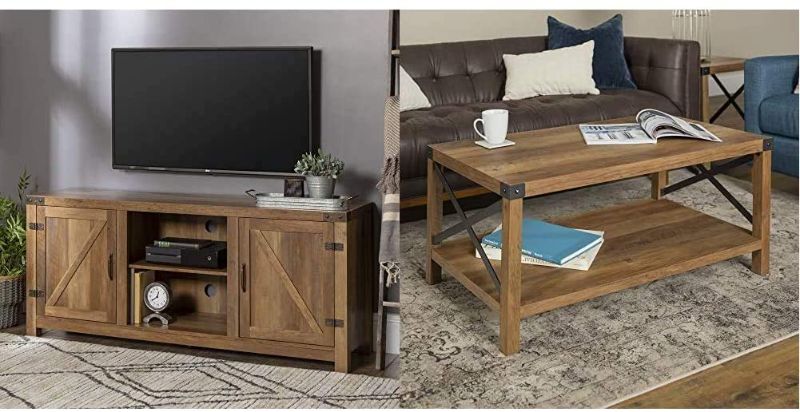 Photo 1 of Walker Edison Furniture Company Farmhouse Barn Wood TV Stand Cabinet, 58 Inch, Reclaimed Barnwood & Rustic Modern Farmhouse Metal and Wood Rectangle Accent Coffee Table, Reclaimed Barnwood
