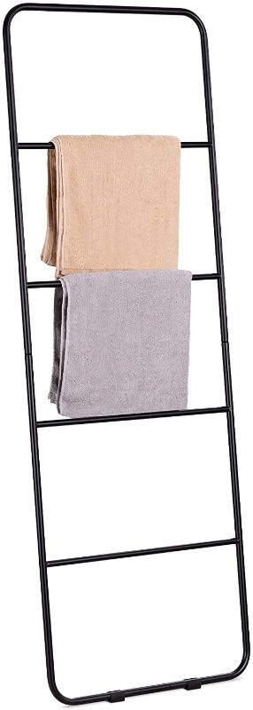 Photo 1 of Navaris Metal Towel Ladder Rack - 67" High Free-Standing Towel Rail with 4 Rails for Leaning Against Wall - Includes 5 Hooks for Hanging - Black
