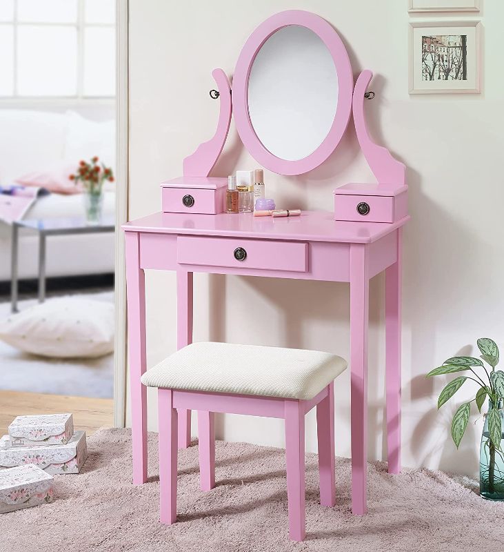 Photo 1 of Roundhill Furniture Moniys Moniya Pink Wood Makeup Vanity Table and Stool Set
