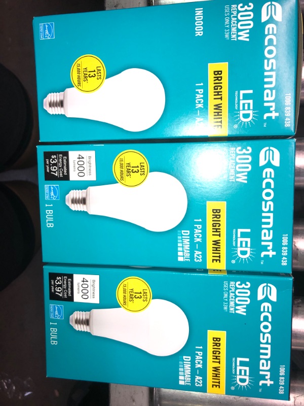 Photo 3 of 3PCK- EcoSmart 300-Watt Equivalent A23 Energy Star Dimmable E26 Medium LED Light Bulb Bright White 3000K 