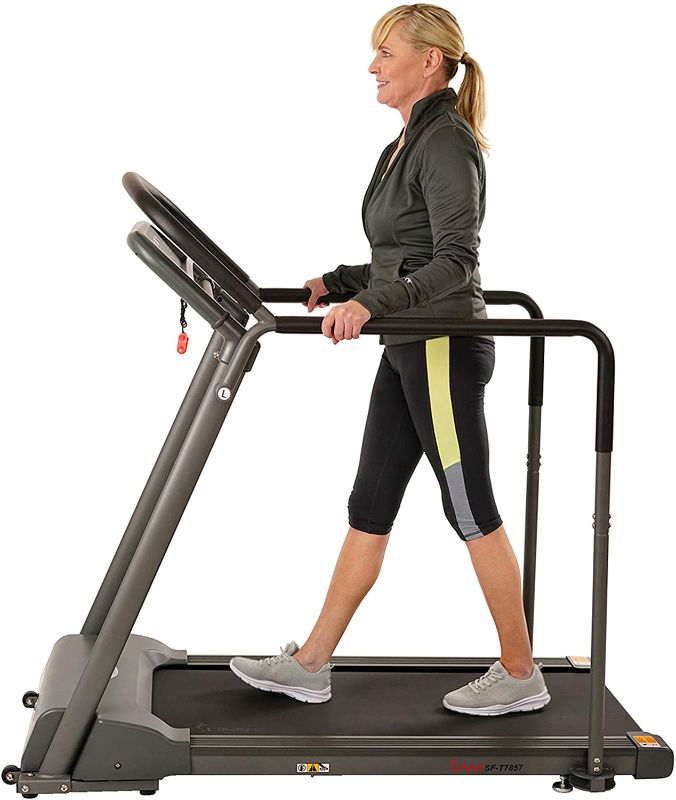 Photo 1 of Sunny Health & Fitness Walking Treadmill with Low Wide Deck and Multi-Grip Handrails for Balance, 295 LB Max Weight - SF-T7857, Gray
