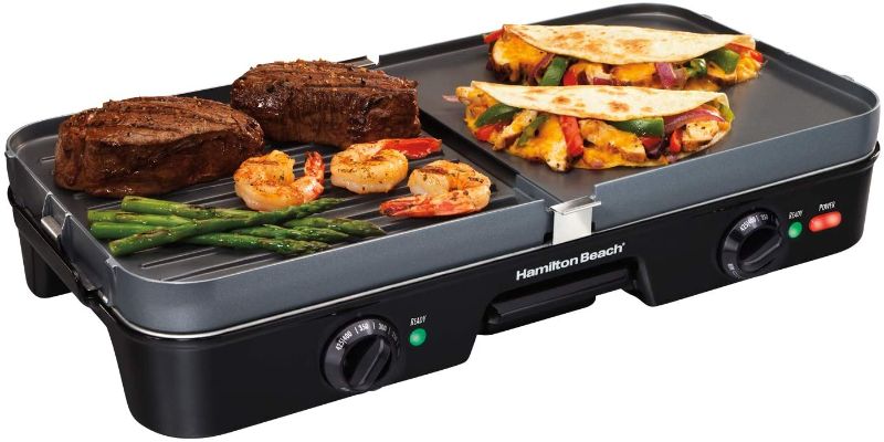 Photo 1 of Hamilton Beach 3-in-1 Electric Indoor Grill + Griddle, 8-Serving, Reversible Nonstick Plates, 2 Cooking Zones with Adjustable Temperature (38546), Black
