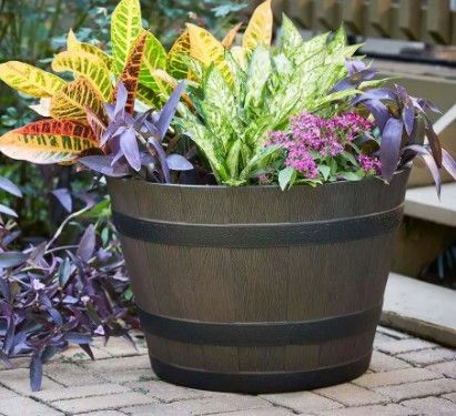 Photo 1 of 22.44 in. Dia x 14.96 in. H Rustic Oak High-Density Resin Whiskey Barrel Planter
