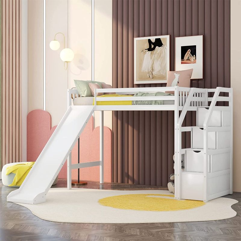 Photo 1 of **INCOMPLETE BOX 2 OF 3 ONLY*** Loft Bed with Slide, Kids Wood Twin Loft Bed with 3 Step Staircase Storage & Safety Rail Multifunctional Design ,White
